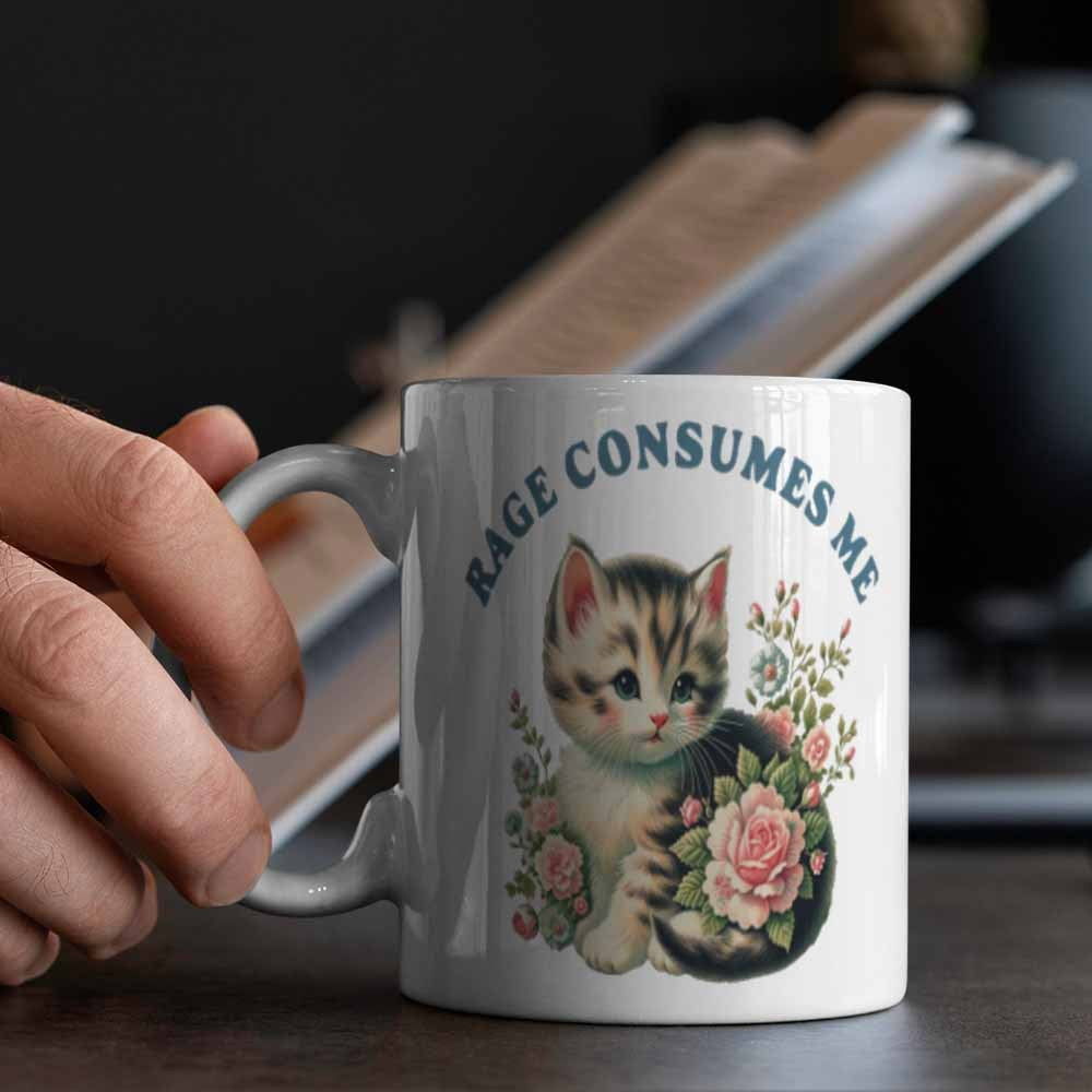 Tailorly White Ceramic 11 oz Mug - Rage Consumes Me Adorable Vintage Style Among Pink Roses And Soft Fur Kitten