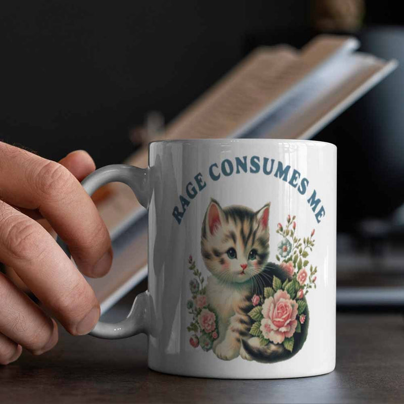 Tailorly White Ceramic 11 oz Mug - Rage Consumes Me Adorable Vintage Style Among Pink Roses And Soft Fur Kitten