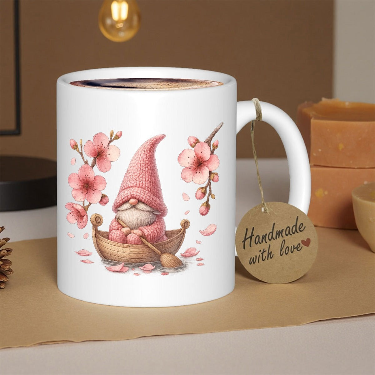 Tailorly White Ceramic 11 oz Mug - Whimsical Pink Gnome In Wooden Boat Floating Amidst Sakura Flowers Gnome