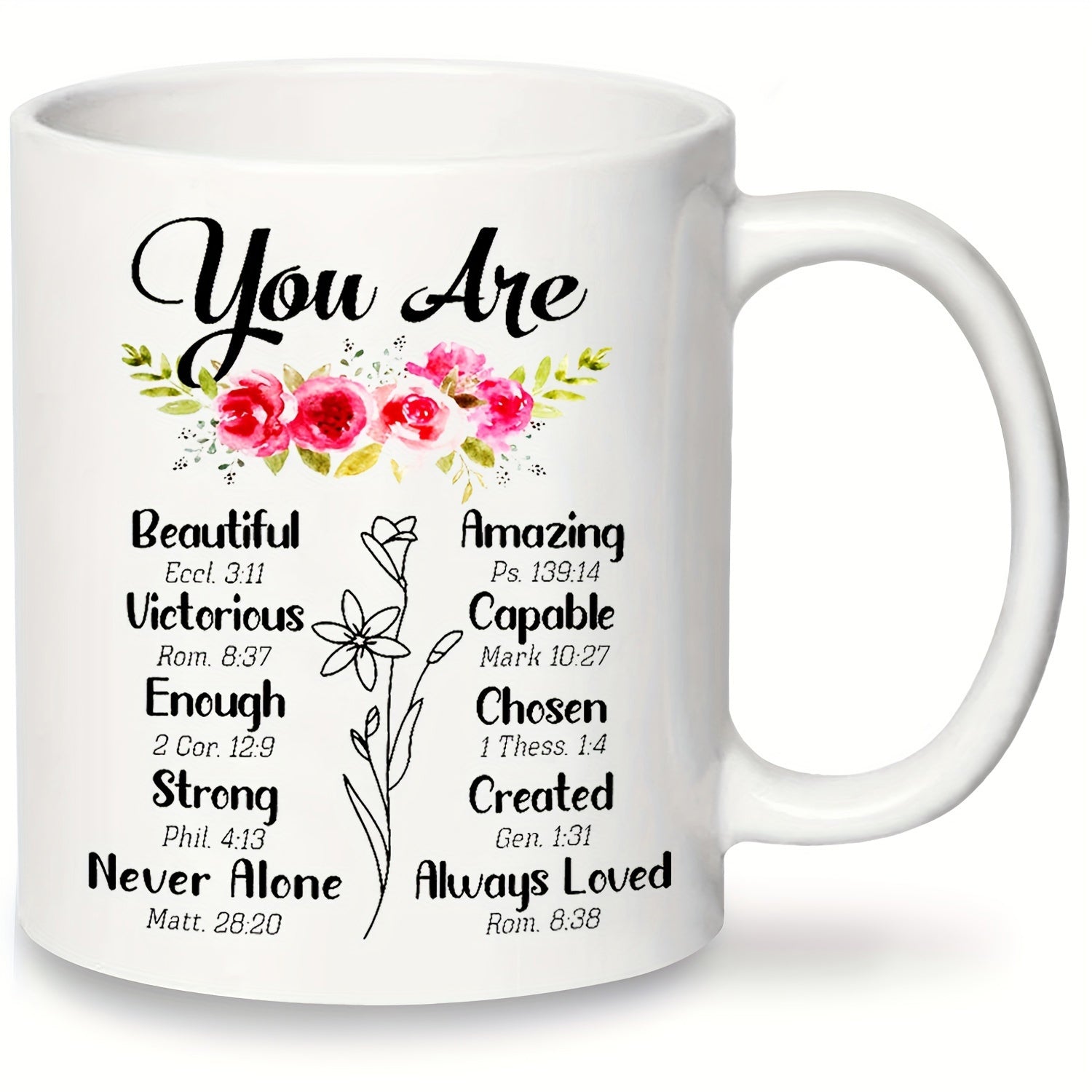 Tailorly White Ceramic 11 oz Mug - You Are Beautiful Elegant Pink Roses With Delicate Minimalist Botanical Line Drawing Flower