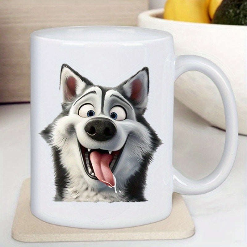 Tailorly White Ceramic 11 oz Mug - Silly Animated Cartoon Dog With Tongue Out And Drooling Cross Eyed Expression Husky