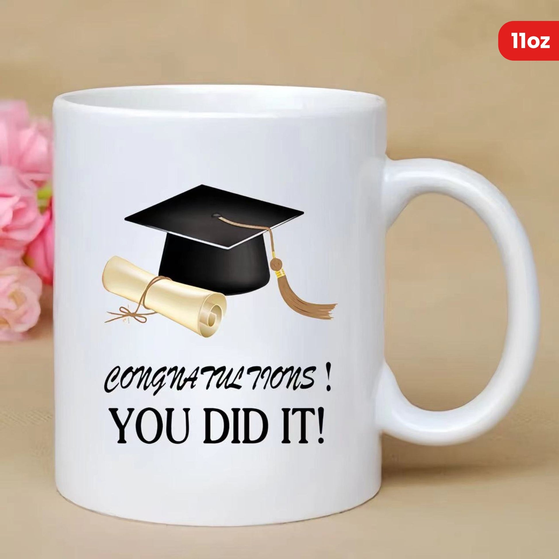 Tailorly White Ceramic 11 oz Mug - Congratulations You Did It Elegant Black Mortarboard With Golden Tassel And Rolled Paper Diploma Graduation Cap