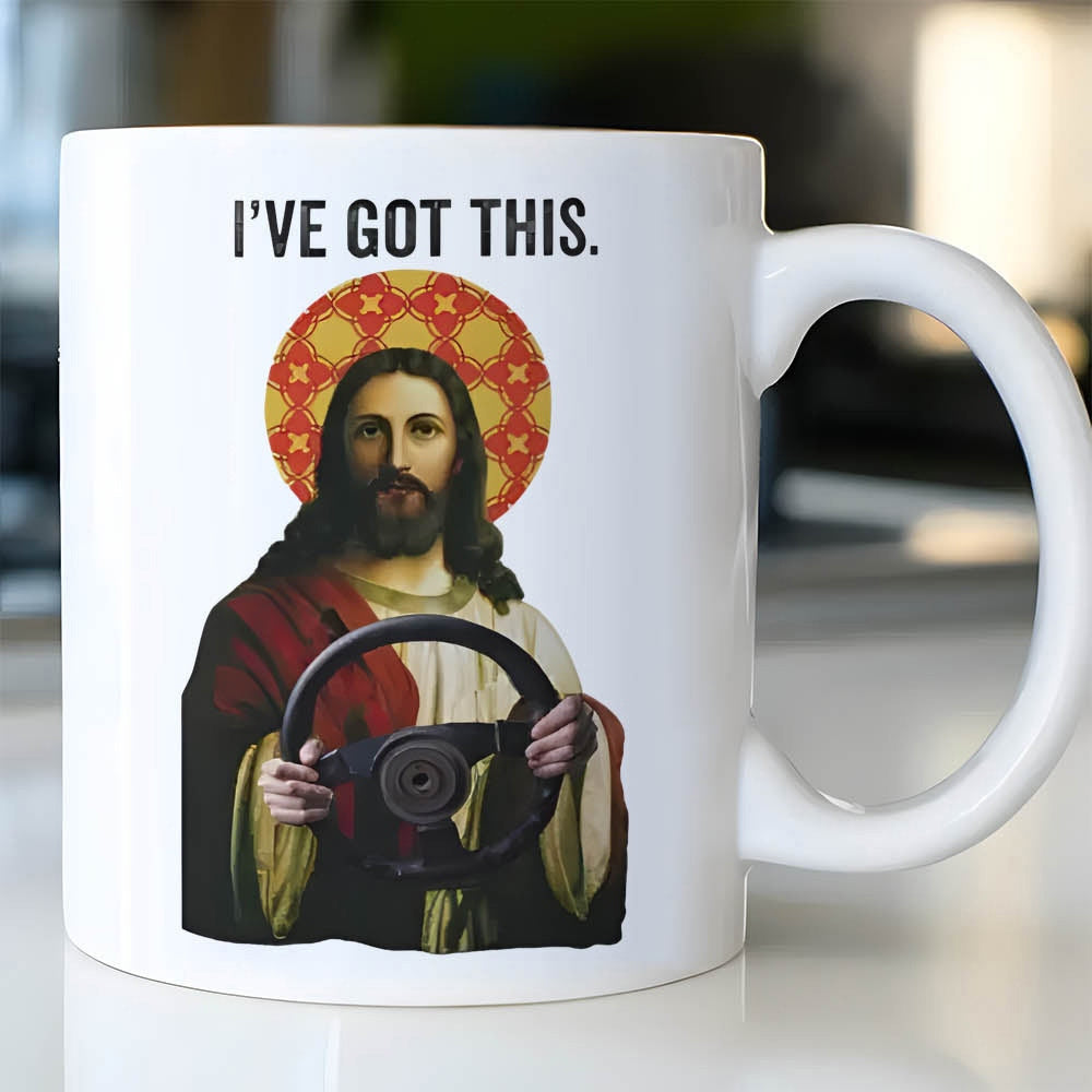 Tailorly White Ceramic 11 oz Mug - Ive Got This Classic Religious Figure With Halo Holding A Modern Steering Wheel Jesus