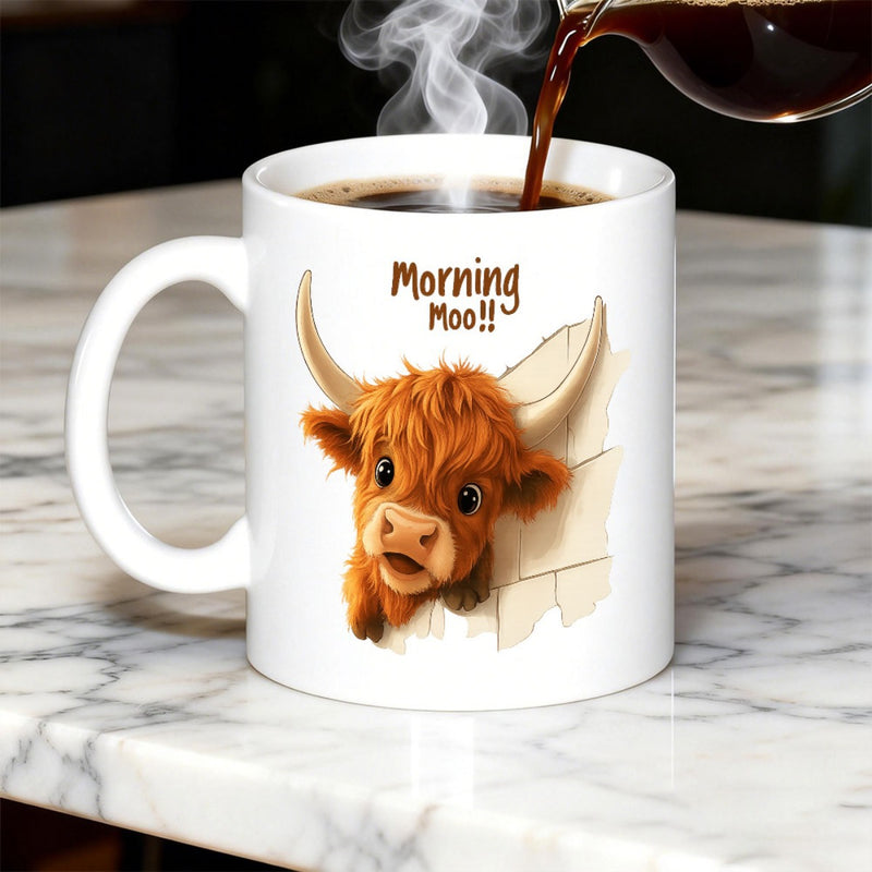 Tailorly White Ceramic 11 oz Mug - Morning Moo Adorable Brown Highland Cow Peeking Over A Rustic Stone Wall Highland Cow