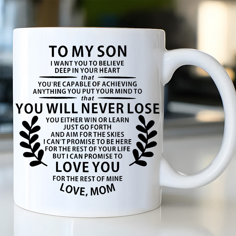 Tailorly White Ceramic 11 oz Mug - To My Son Love Mom Elegant Symmetrical Black Leaf Branches On Clean White Surface Mug