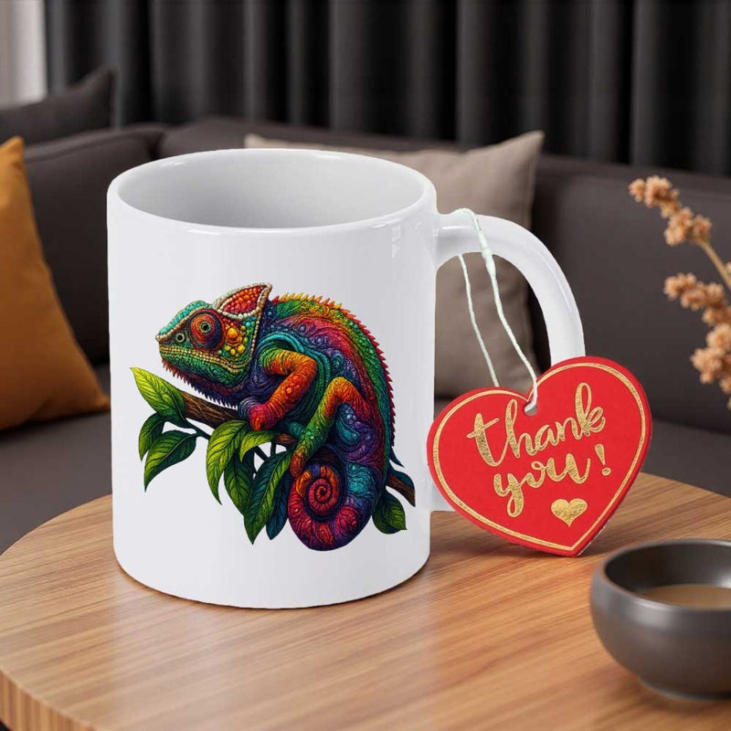 Tailorly White Ceramic 11 oz Mug - Vibrant Rainbow Scales Resting Peacefully Upon A Lush Green Leafy Branch Chameleon