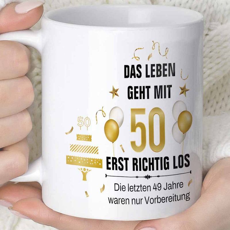 Tailorly White Ceramic 11 oz Mug - Golden Balloons With Shining Stars And Celebratory Confetti Birthday Mug