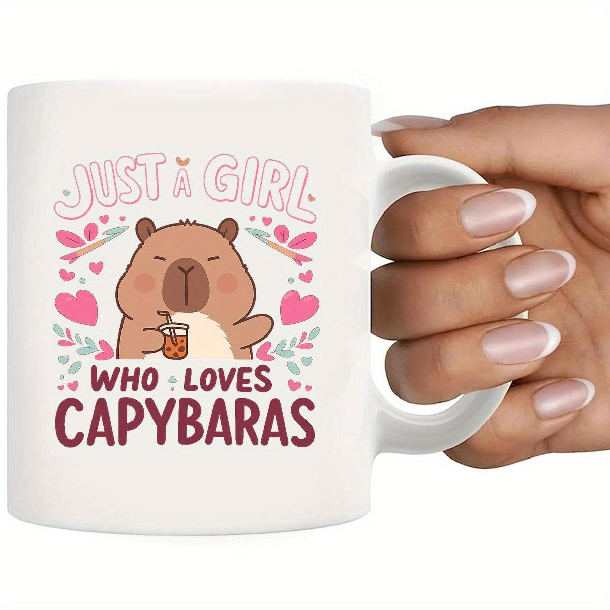 Tailorly White Ceramic 11 oz Mug - Just A Girl Who Loves Capybaras Adorable Cartoon Animal Drinking Juice Surrounded By Pink Hearts And Flowers Capybara