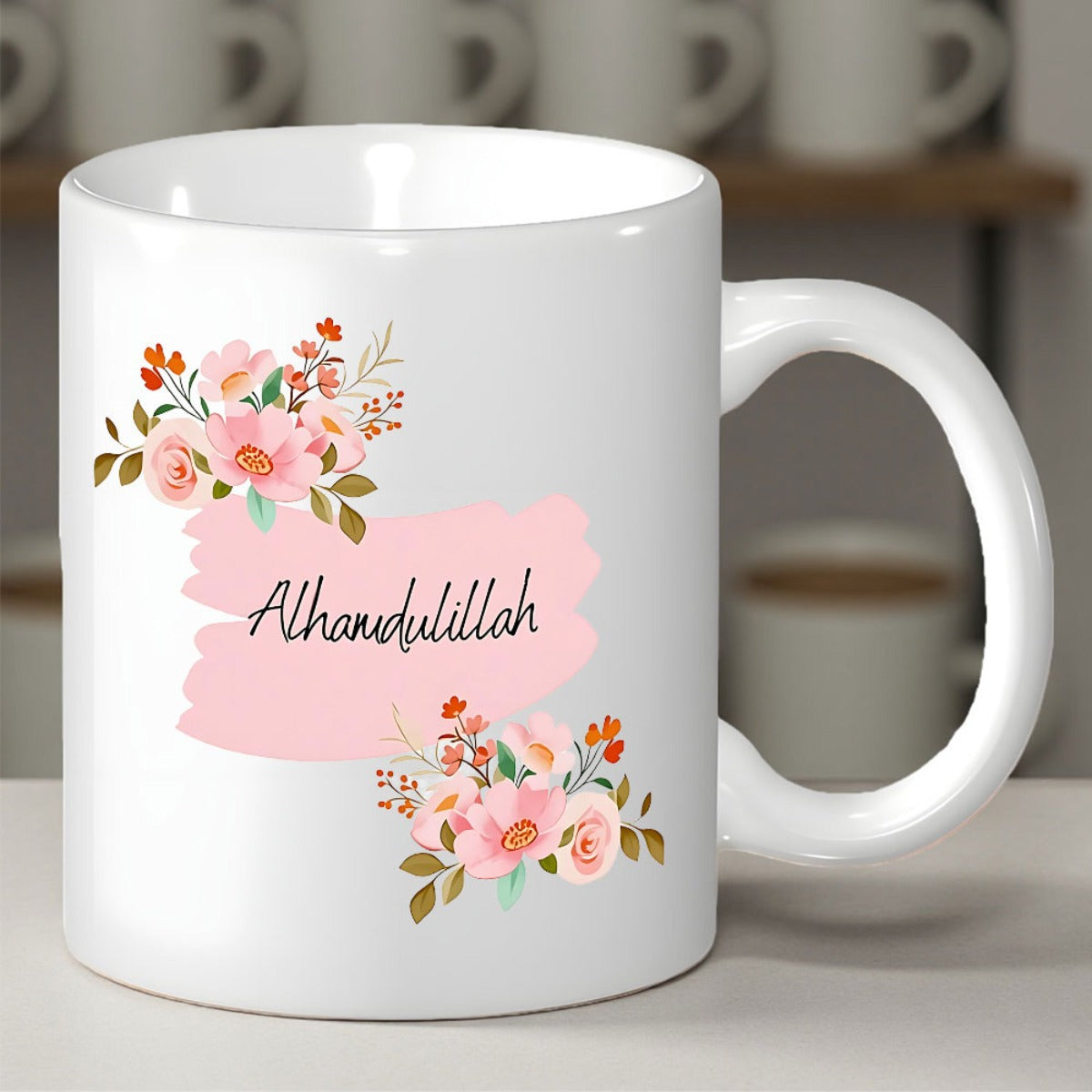 Tailorly White Ceramic 11 oz Mug - Alhamdulillah Soft Pink Watercolor Floral Bouquet Surrounding Elegant Script Lettering Graceful Flower