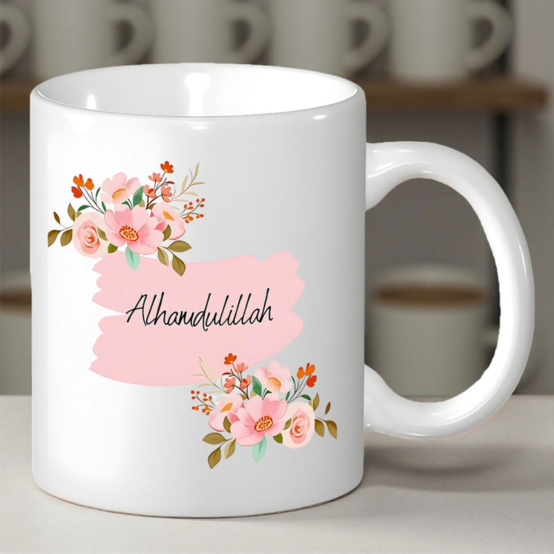 Tailorly White Ceramic 11 oz Mug - Alhamdulillah Soft Pink Watercolor Floral Bouquet Surrounding Elegant Script Lettering Graceful Flower