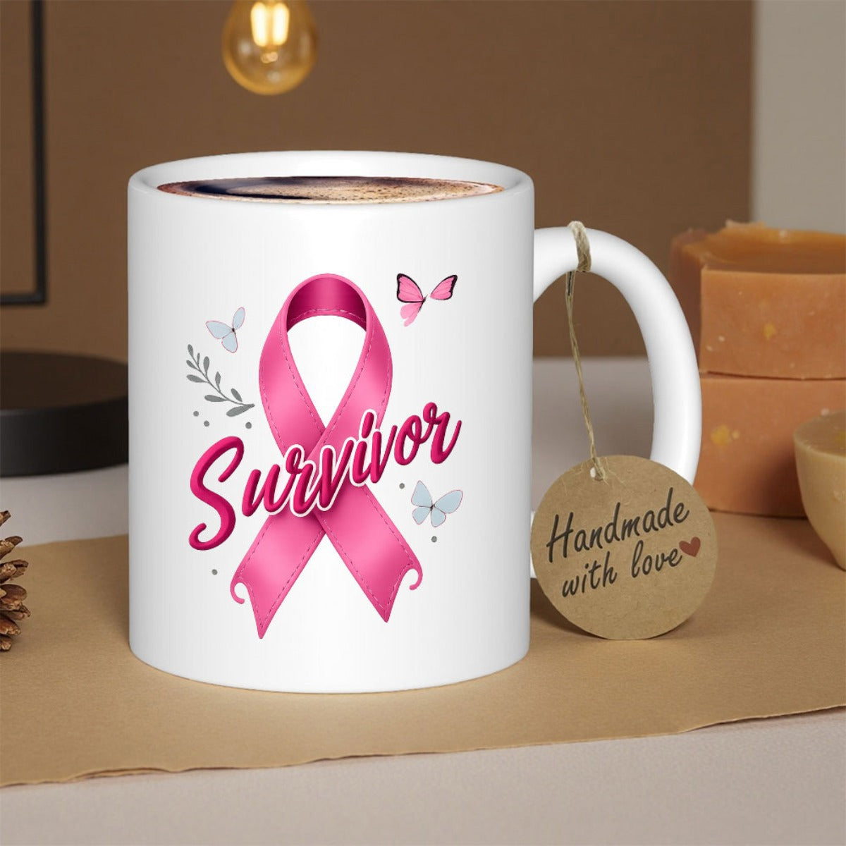 Tailorly White Ceramic 11 oz Mug - Survivor Vibrant Pink Awareness Ribbon Among Flying Butterflies And Delicate Green Leaves Ribbon