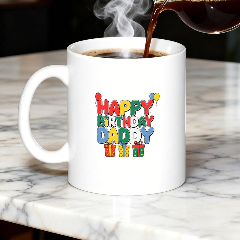 Tailorly White Ceramic 11 oz Mug - Happy Birthday Daddy Vibrant Festive Balloons With Gift Boxes Among Celebration Party Pattern