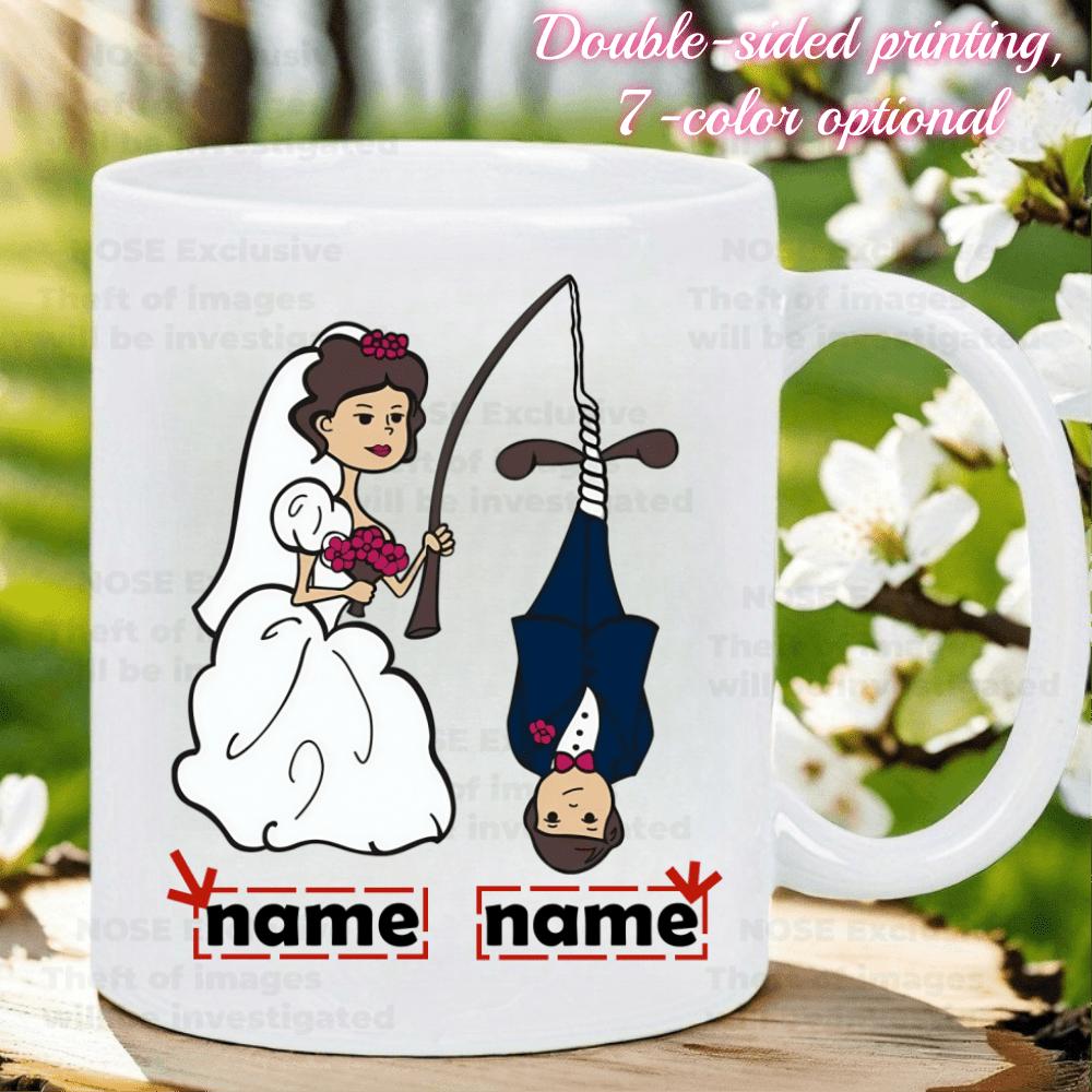 Tailorly White Ceramic 11 oz Mug - Name Humorous Cartoon Bride Catching Her Husband With A Fishing Rod Mug