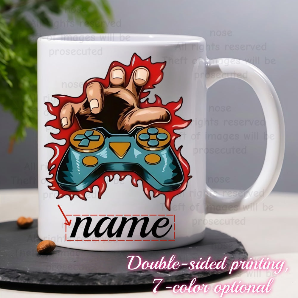 Tailorly White Ceramic 11 oz Mug - Name Stylized Hand Gripping Game Console Surrounded By Fierce Red Liquid Flames Controller