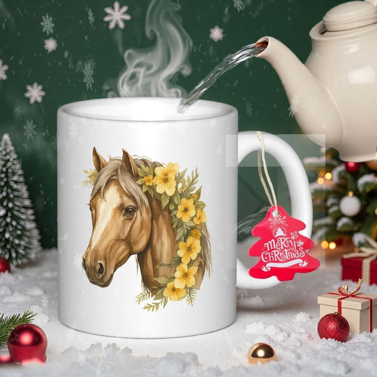 Tailorly White Ceramic 11 oz Mug - Merry Christmas Elegant Golden Brown Horse Head With Vibrant Yellow Spring Blossoms Horse