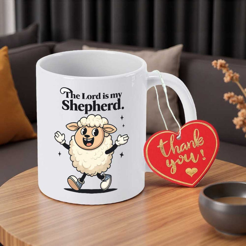 Tailorly White Ceramic 11 oz Mug - The Lord Is My Shepherd Joyful Walking Cartoon Animal With Arms Wide Open Sheep