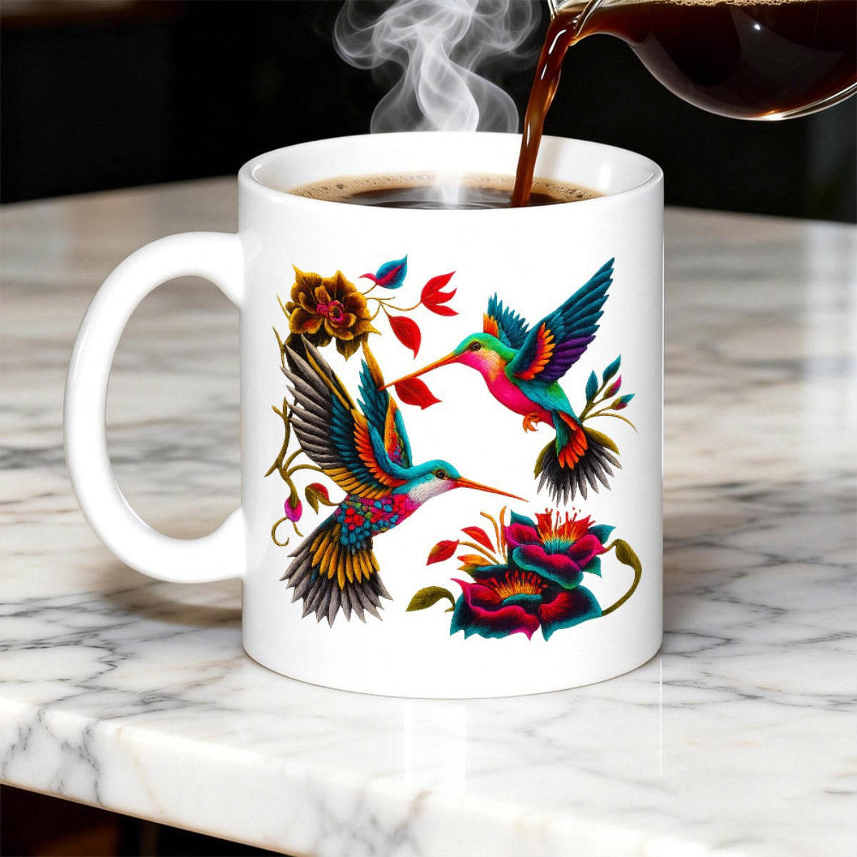 Tailorly White Ceramic 11 oz Mug - Vibrant Colorful Birds Hovering Gracefully Among Blooming Floral Garden Blossoms Hummingbirds