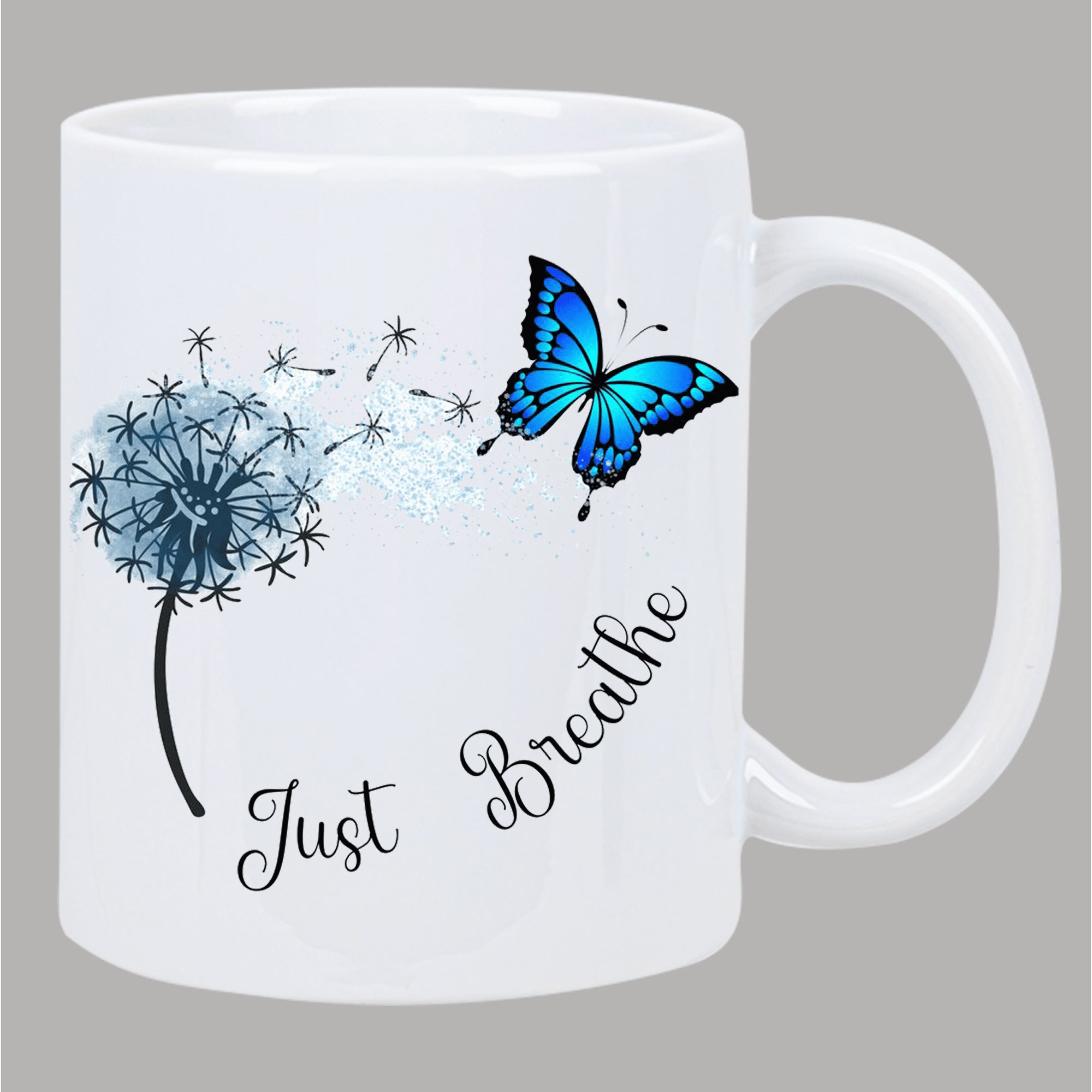 Tailorly White Ceramic 11 oz Mug - Just Breathe Ethereal Blue Dandelion Seeds Drifting Towards A Majestic Flying Butterfly