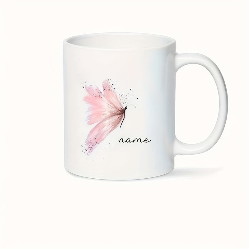 Tailorly White Ceramic 11 oz Mug - Name Delicate Soft Pink Watercolor Wing With Sparkling Glitter Particles Hovering Butterfly