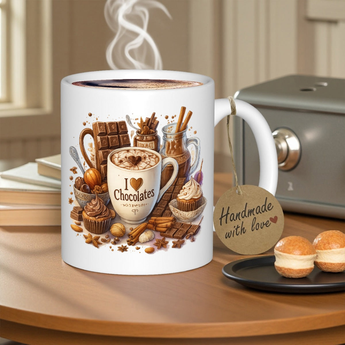Tailorly White Ceramic 11 oz Mug - I Love Chocolate Warm Cocoa With Cinnamon Sticks And Delicious Sweet Chocolate Dessert Illustration Mug