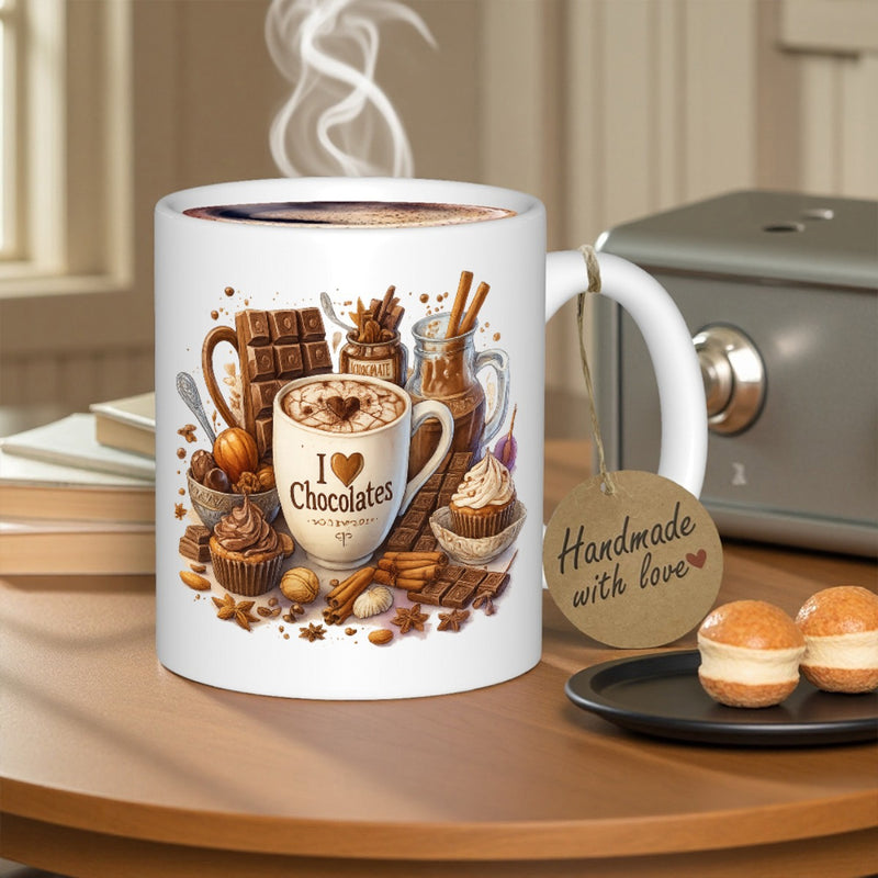 Tailorly White Ceramic 11 oz Mug - I Love Chocolate Warm Cocoa With Cinnamon Sticks And Delicious Sweet Chocolate Dessert Illustration Mug