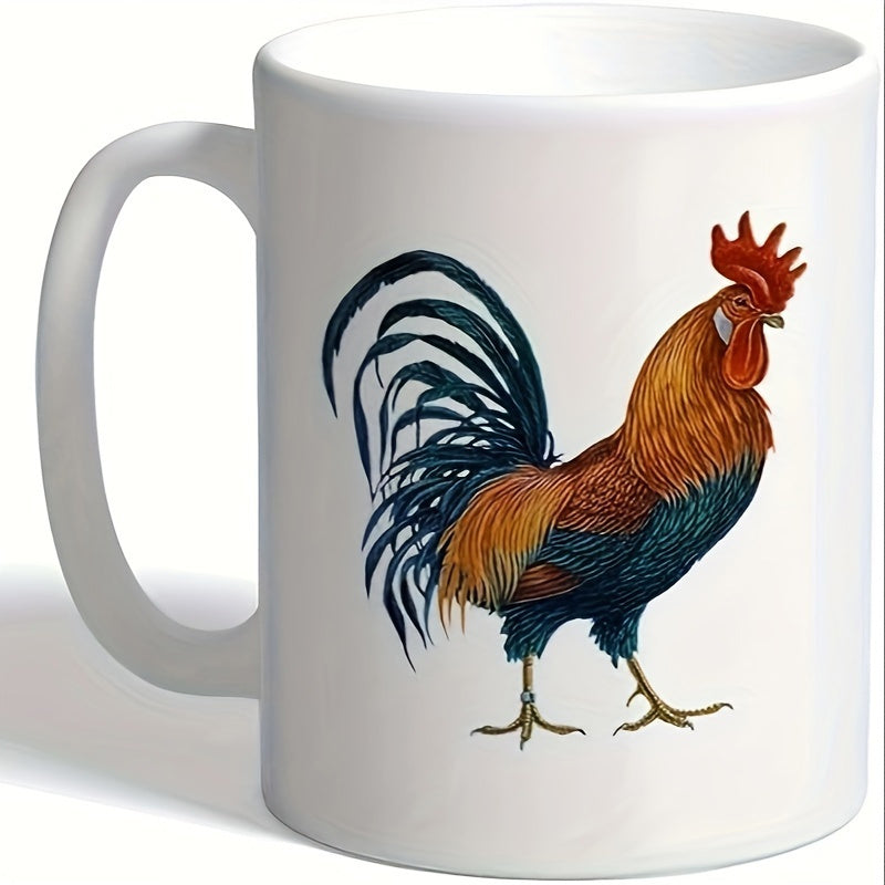 Tailorly White Ceramic 11 oz Mug - Proud Standing Farm Animal With Vibrant Colorful Feathers And Red Comb Rooster