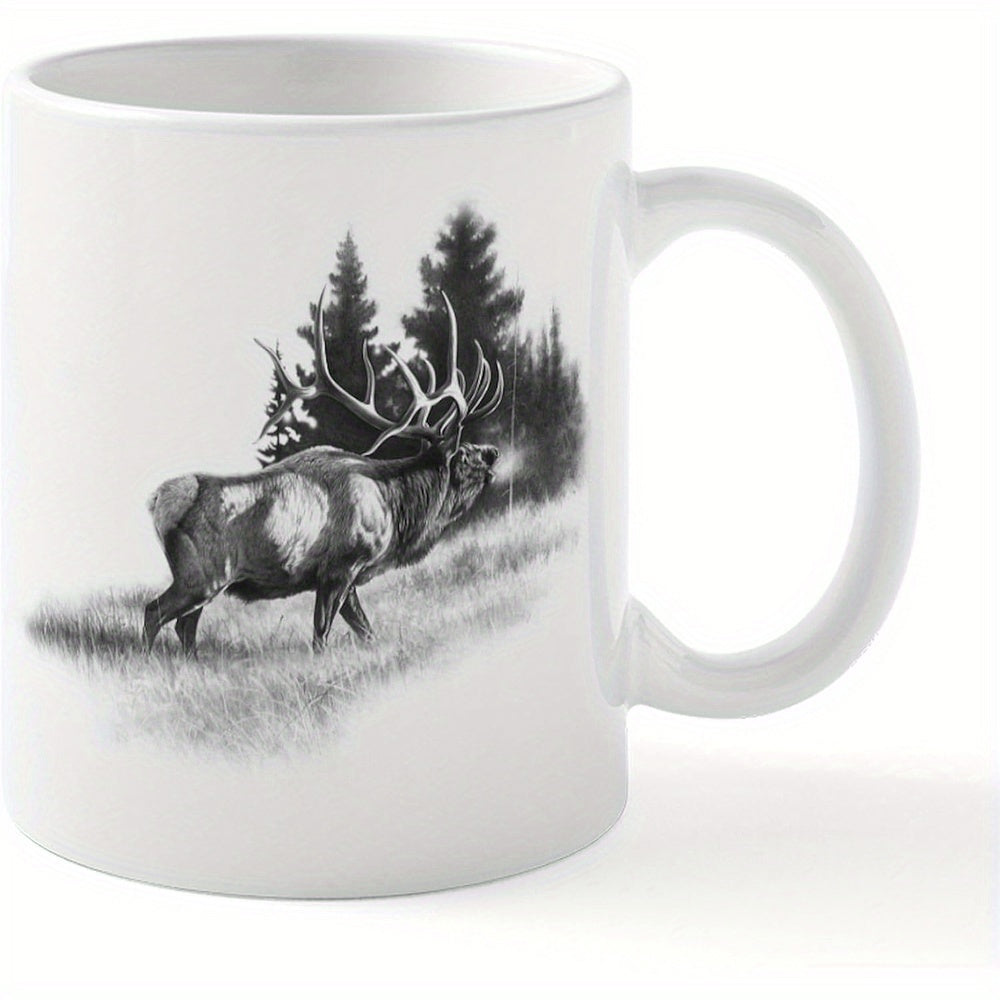 Tailorly White Ceramic 11 oz Mug - Majestic Wild Bull Elk Standing In Misty Pine Forest Wilderness Elk