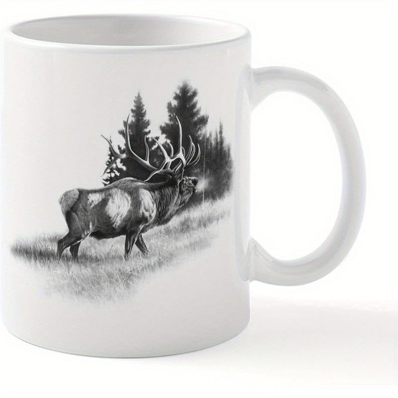 Tailorly White Ceramic 11 oz Mug - Majestic Wild Bull Elk Standing In Misty Pine Forest Wilderness Elk