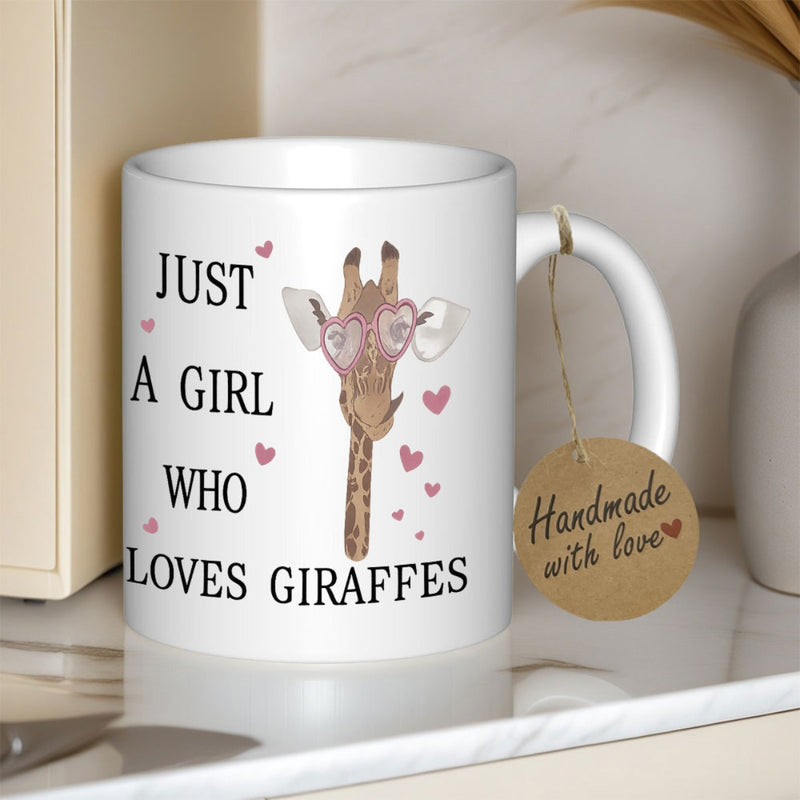 Tailorly White Ceramic 11 oz Mug - Just A Girl Who Loves Giraffes Cute Character Wearing Heart Shaped Glasses Surrounded By Small Pink Hearts Giraffe