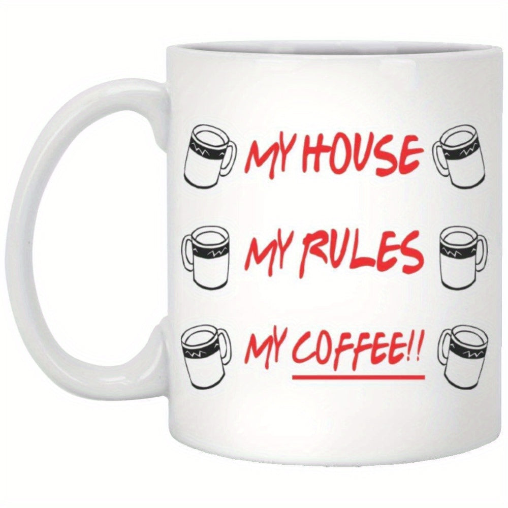 Tailorly White Ceramic 11 oz Mug - My House My Rules My Coffee Six Minimalist Line Art Illustrations Surrounded By Bold Red Hand Drawn Script Mug
