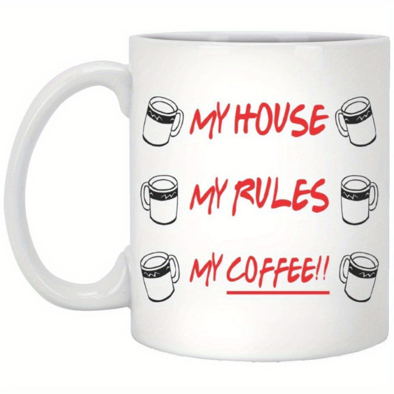 Tailorly White Ceramic 11 oz Mug - My House My Rules My Coffee Six Minimalist Line Art Illustrations Surrounded By Bold Red Hand Drawn Script Mug