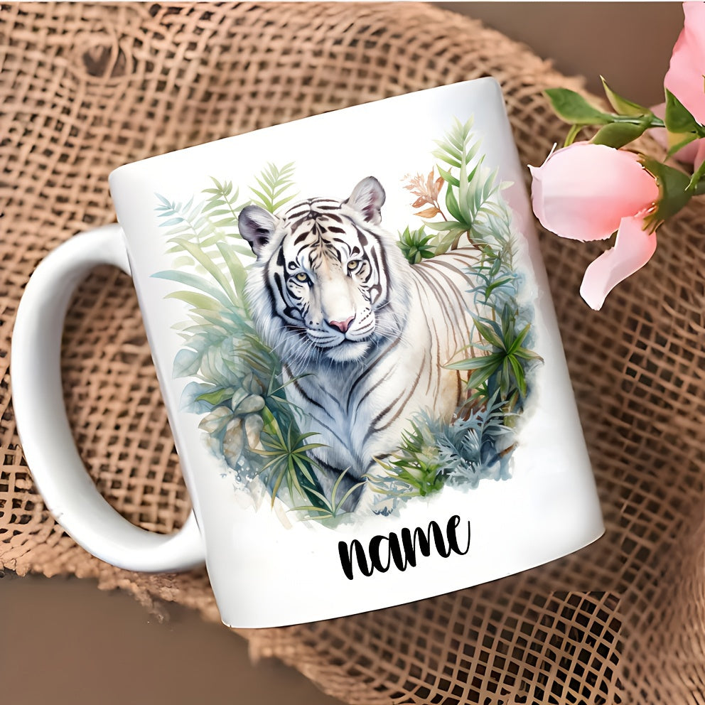 Tailorly White Ceramic 11 oz Mug - Name Majestic White Tiger Resting Among Lush Green Tropical Jungle Leaves Tiger