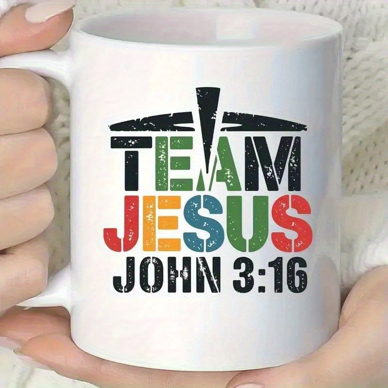 Tailorly White Ceramic 11 oz Mug - Team Jesus John 3 16 Vintage Distressed Stencil Style Graphic With Religious Faith Symbolic Cross