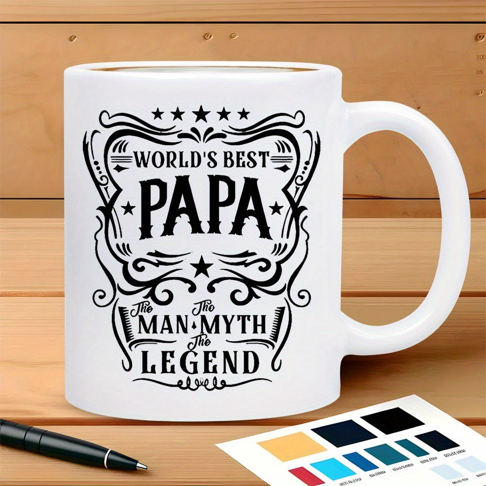 Tailorly White Ceramic 11 oz Mug - World Best Papa The Man Myth Legend Vintage Ornamental Frame With Bold Typography And Decorative Five Pointed Stars Sign