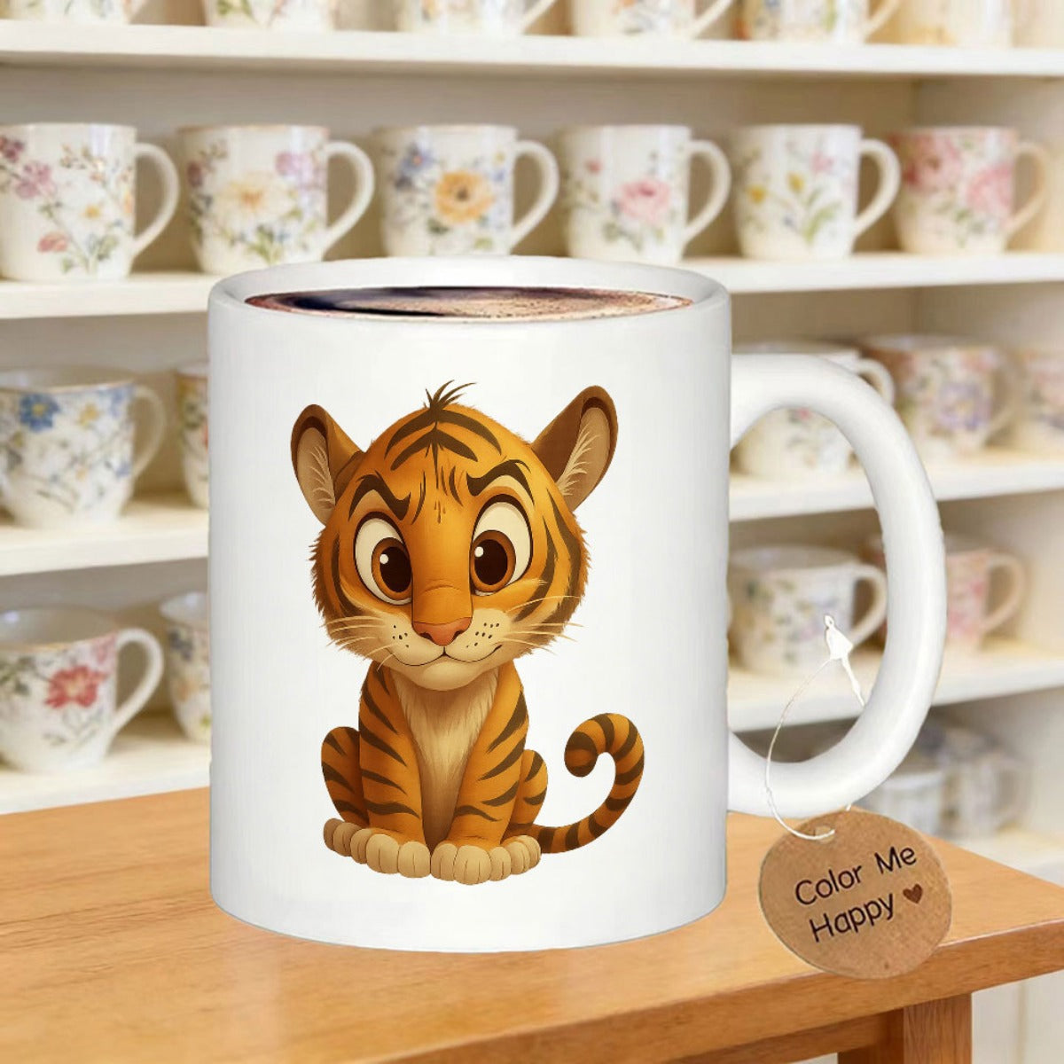 Tailorly White Ceramic 11 oz Mug - Color Me Happy Adorable Sitting Little Feline With Large Expressive Eyes And Orange Striped Fur Tiger