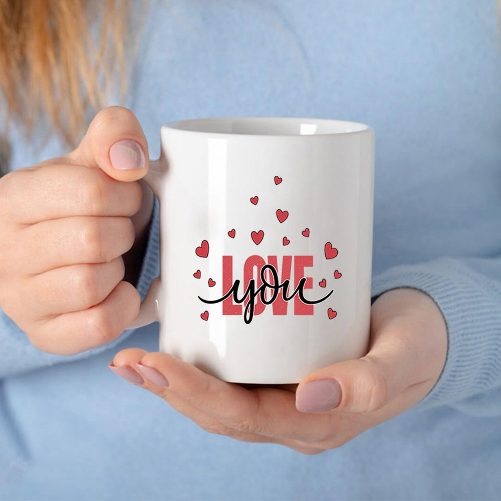 Tailorly White Ceramic 11 oz Mug - Love You Floating Small Red Hearts Surrounding Bold Minimalist Text Design Heart
