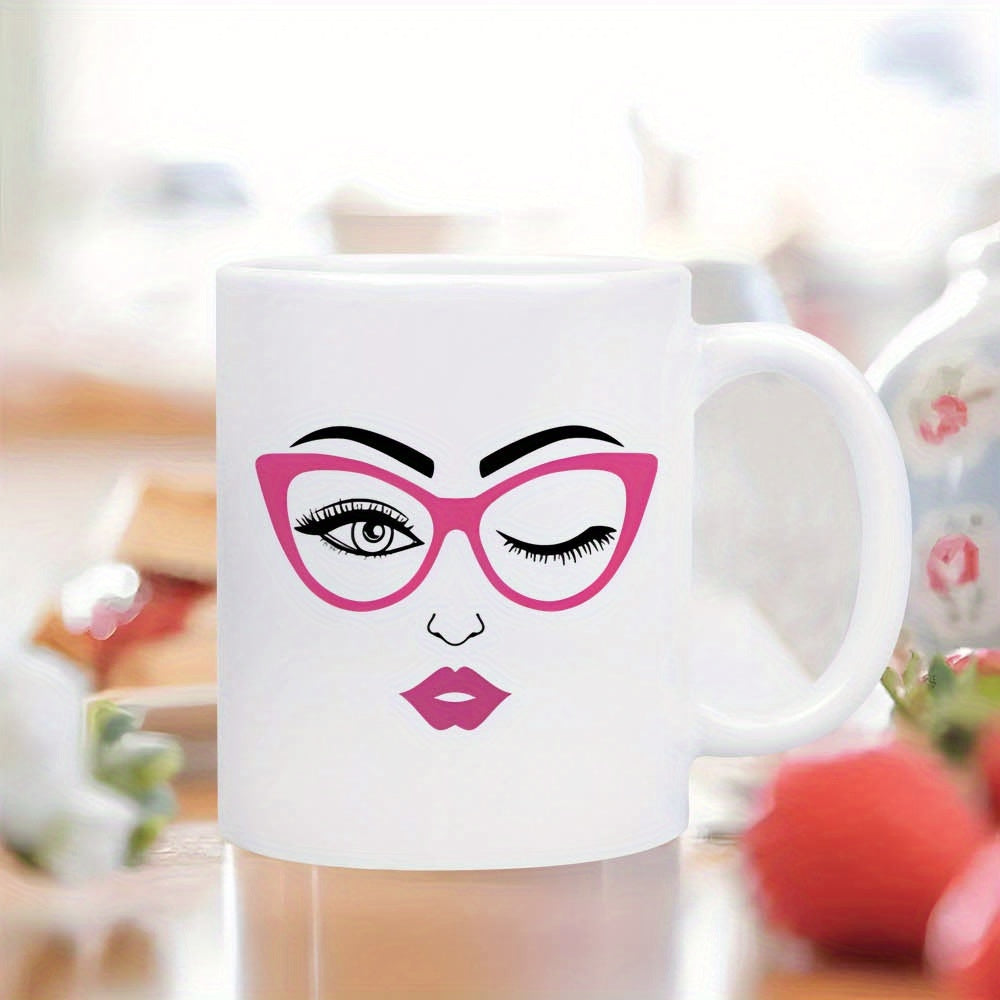 Tailorly White Ceramic 11 oz Mug - Chic Woman With Pink Glasses And Playful Winking Expression Face
