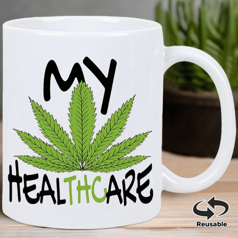 Tailorly White Ceramic 11 oz Mug - My Healthcare Green Serrated Leaves Spread Out Wide Under Hand Drawn Text Leaf