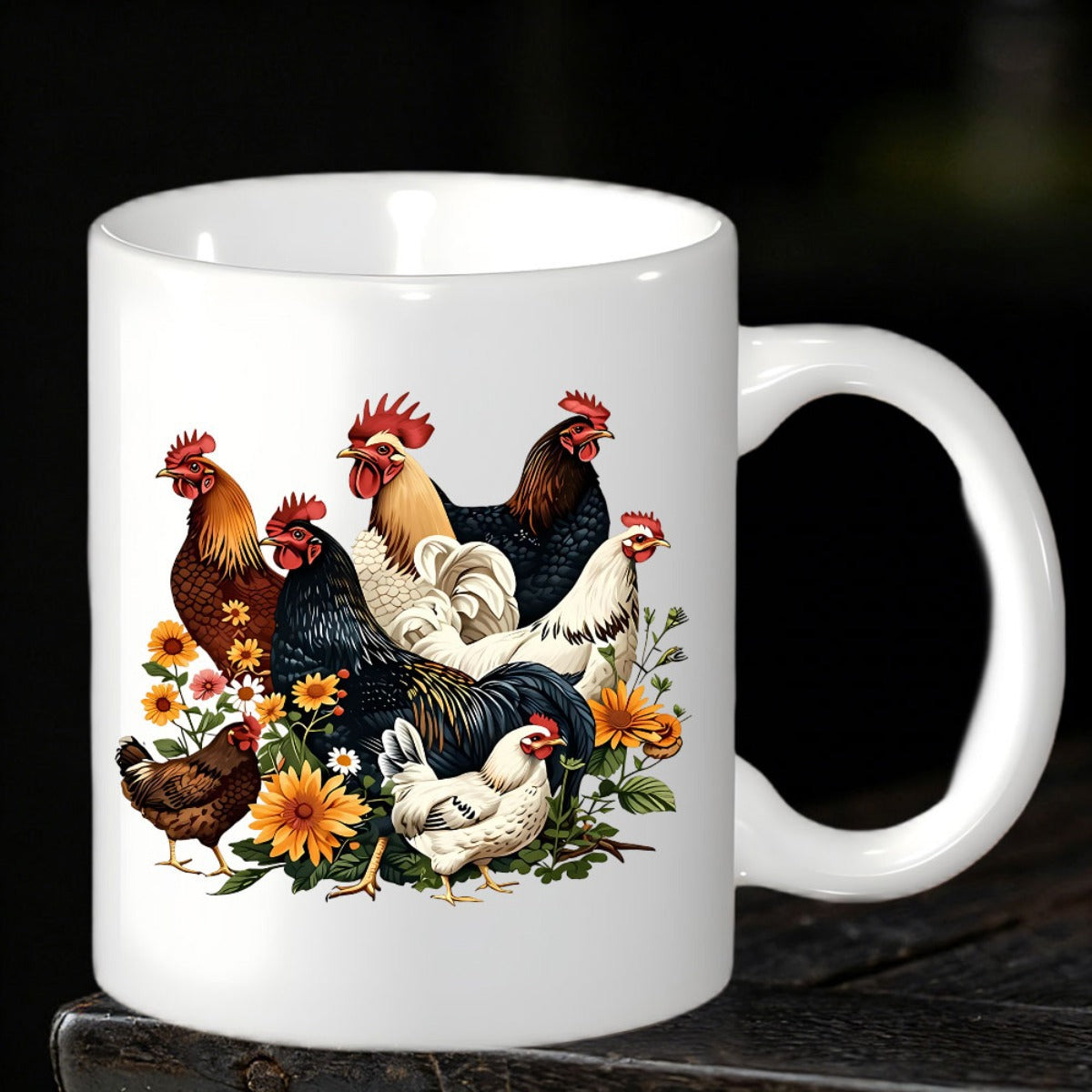 Tailorly White Ceramic 11 oz Mug - Colorful Roosters And Hens Standing Among Vibrant Blooming Sunflowers And Leaves Chicken