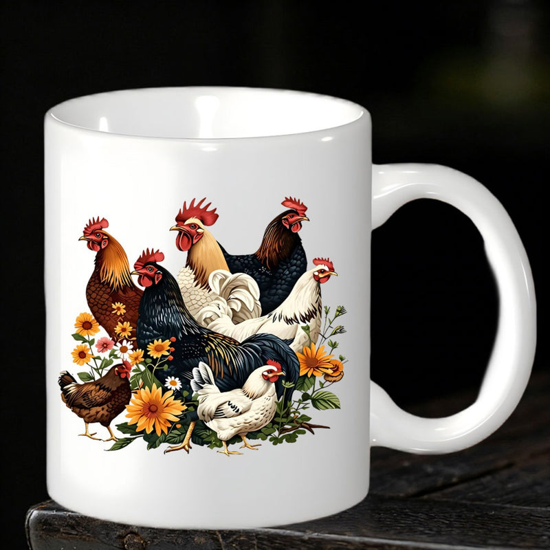 Tailorly White Ceramic 11 oz Mug - Colorful Roosters And Hens Standing Among Vibrant Blooming Sunflowers And Leaves Chicken