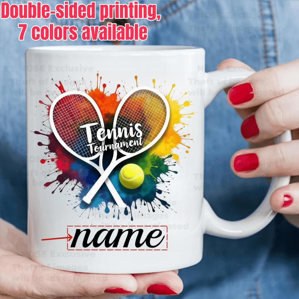 Tailorly White Ceramic 11 oz Mug - Tennis Tournament Vibrant Watercolor Splashes Behind Crossed Professional Sport Equipment Racket
