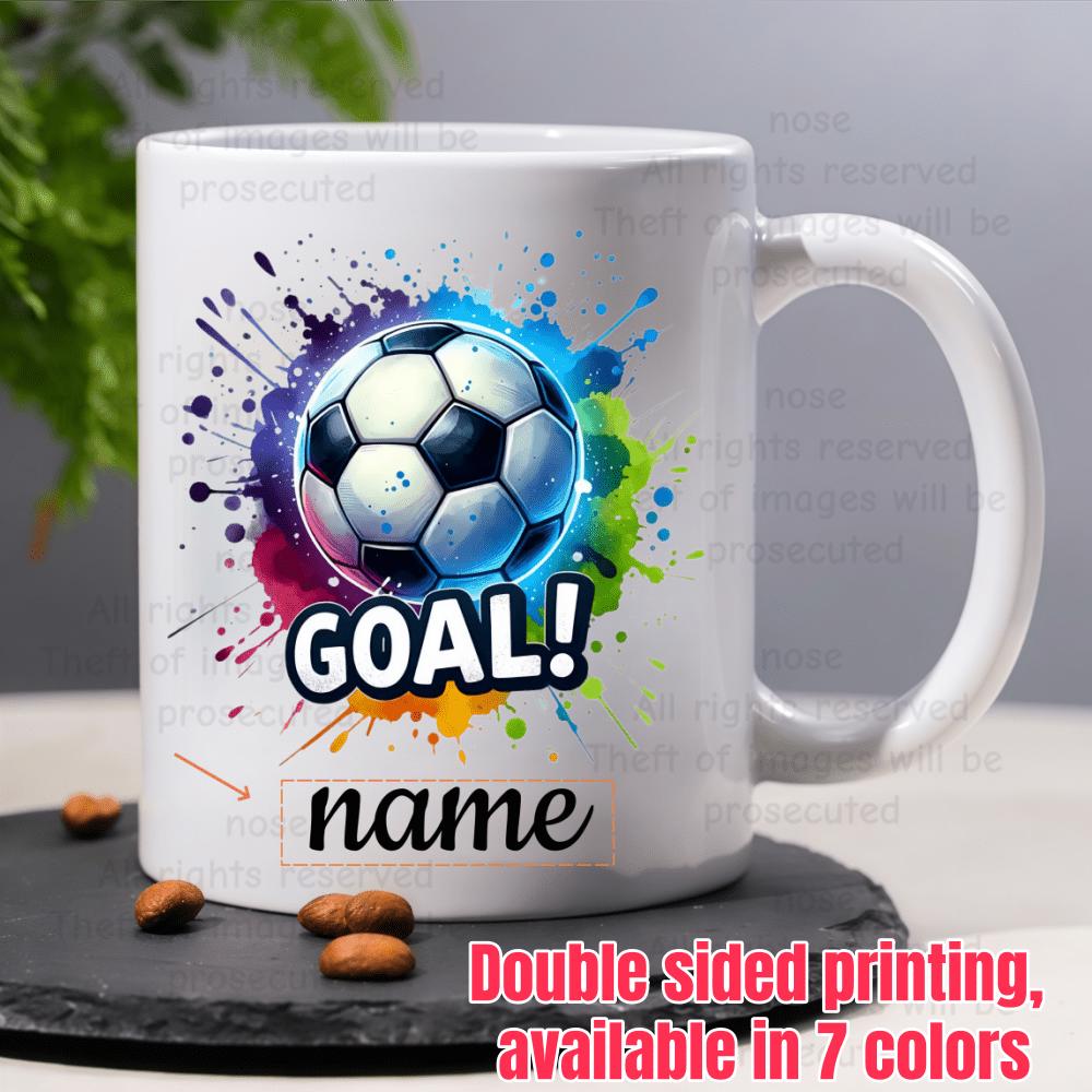 Tailorly White Ceramic 11 oz Mug - Goal Name Dynamic Colorful Paint Splatters With Bright Glowing Athletic Soccer Ball