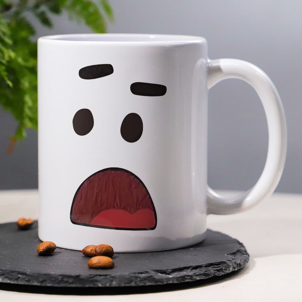 Tailorly White Ceramic 11 oz Mug - Minimalist Surprised Cartoon Facial Expression With Wide Open Red Mouth Face