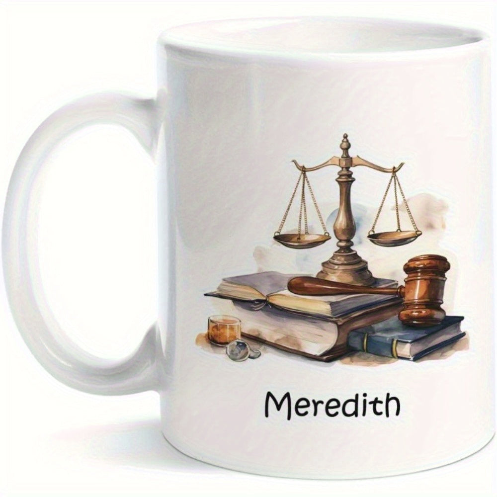 Tailorly White Ceramic 11 oz Mug - Meredith Vintage Bronze Scales Resting On Stacks Of Old Law Books With Gavel Scale
