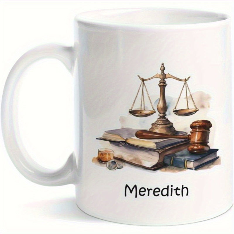 Tailorly White Ceramic 11 oz Mug - Meredith Vintage Bronze Scales Resting On Stacks Of Old Law Books With Gavel Scale