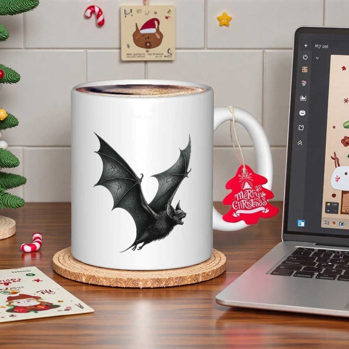 Tailorly White Ceramic 11 oz Mug - Majestic Dark Bat With Outstretched Wings Flying Through Empty Space Bat
