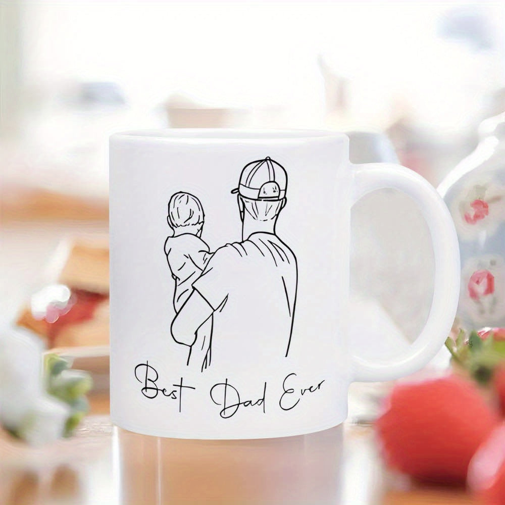 Tailorly White Ceramic 11 oz Mug - Best Dad Ever Minimalist Line Art Of Loving Parent Carrying Small Child Father