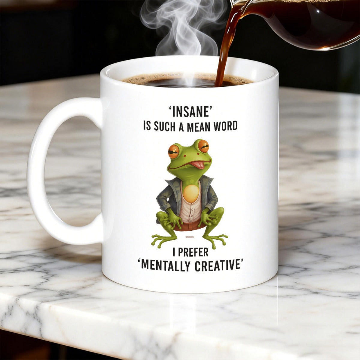 Tailorly White Ceramic 11 oz Mug - Insane Is Such A Mean Word I Prefer Mentally Creative Cool Green Anthropomorphic Character Wearing A Black Biker Leather Jacket