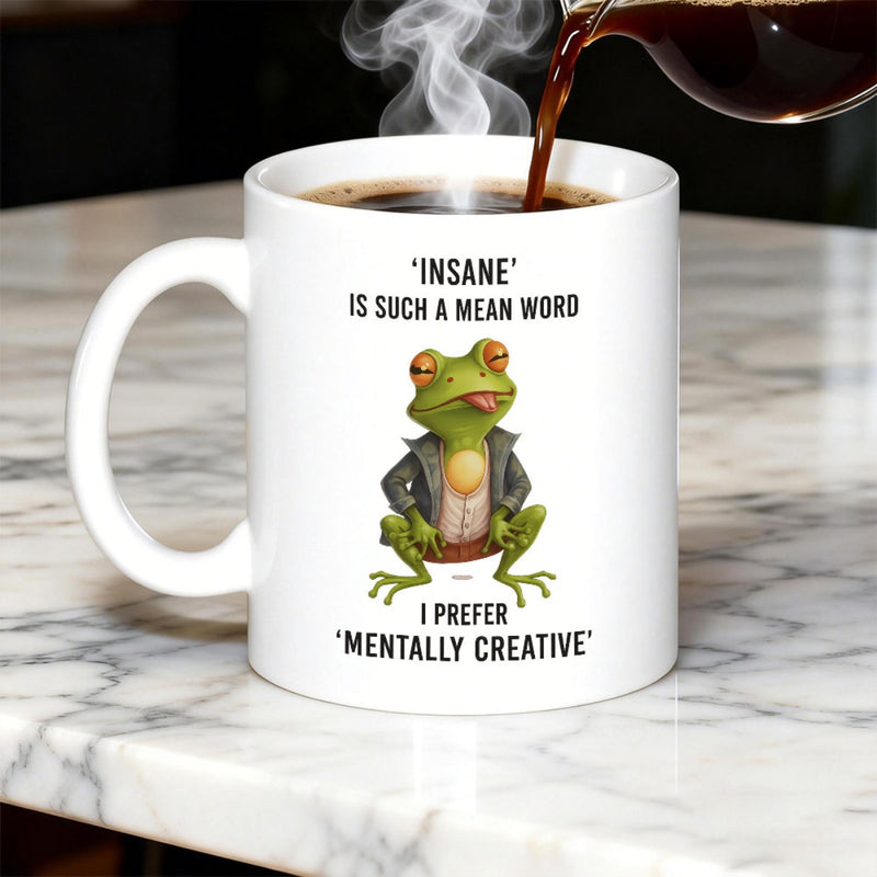 Tailorly White Ceramic 11 oz Mug - Insane Is Such A Mean Word I Prefer Mentally Creative Cool Green Anthropomorphic Character Wearing A Black Biker Leather Jacket