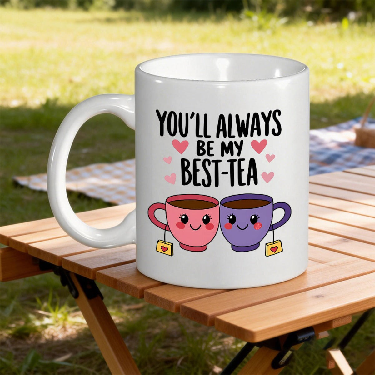 Tailorly White Ceramic 11 oz Mug - Youll Always Be My Best Tea Two Smiling Cute Cartoon Cups Decorated With Small Pink Hearts Mug